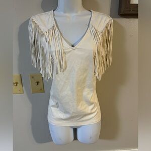 Fringe V-Neck Cream Top